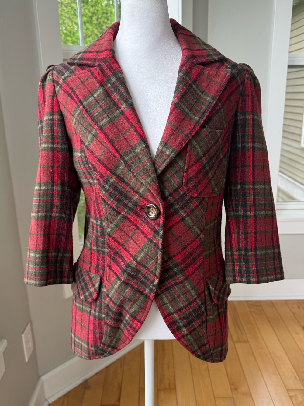 Artifacts Red Olive Green Plaid Fitted Blazer Jacket Sz Small Vintage 90s Y2K
